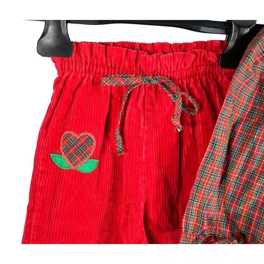 VTG Health-Tex Outfit Set RED CORDUROY PANTS Plaid Shirt w/Lace Collar Hearts 2T